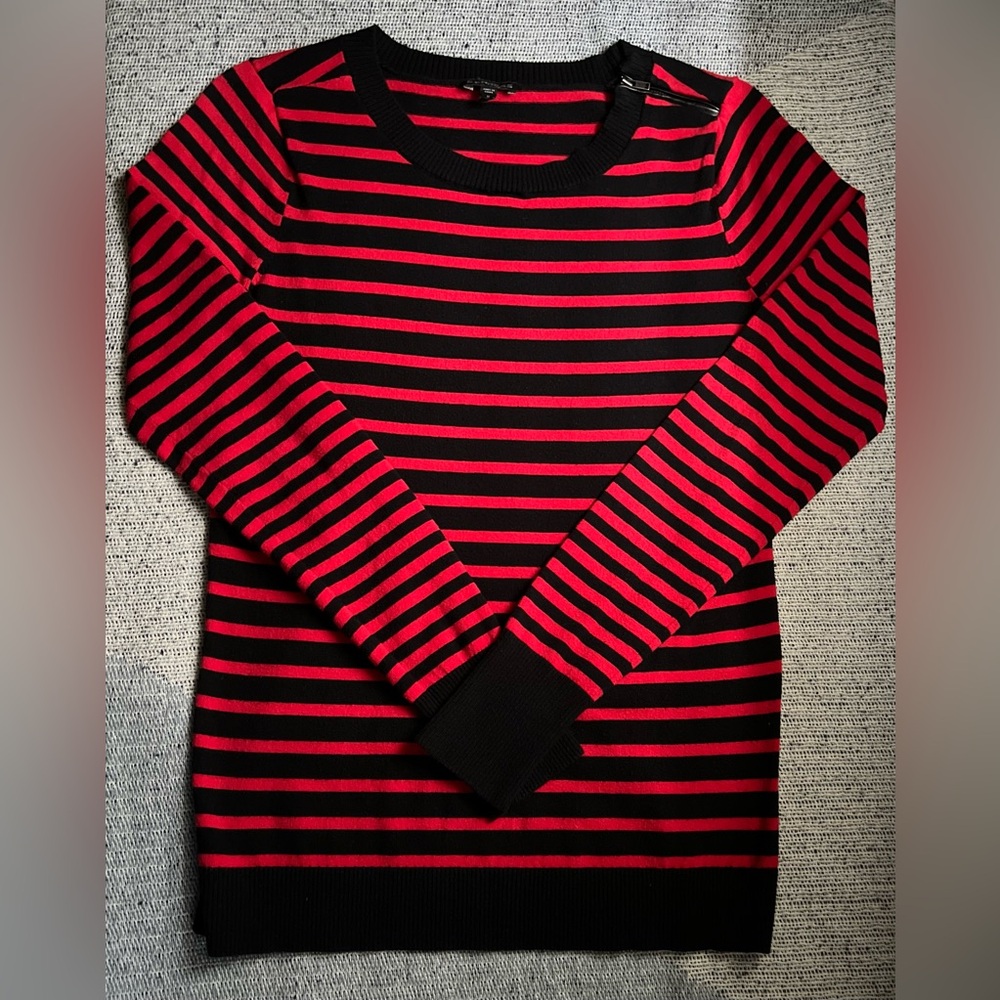 Express Crew Neck Red & Navy Striped Fitted Sweater, Size Medium